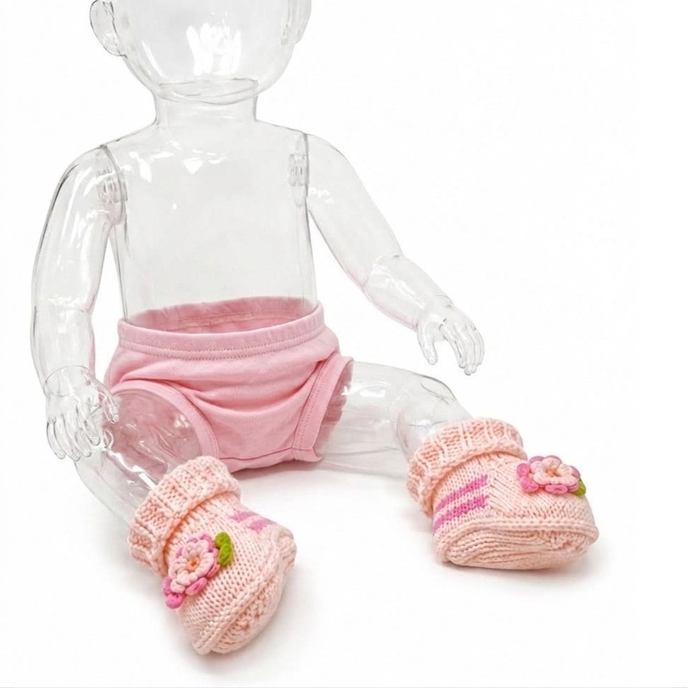 Handmade Pink Knit Baby Booties Floral Striped Infant Slippers 4" SKUK081